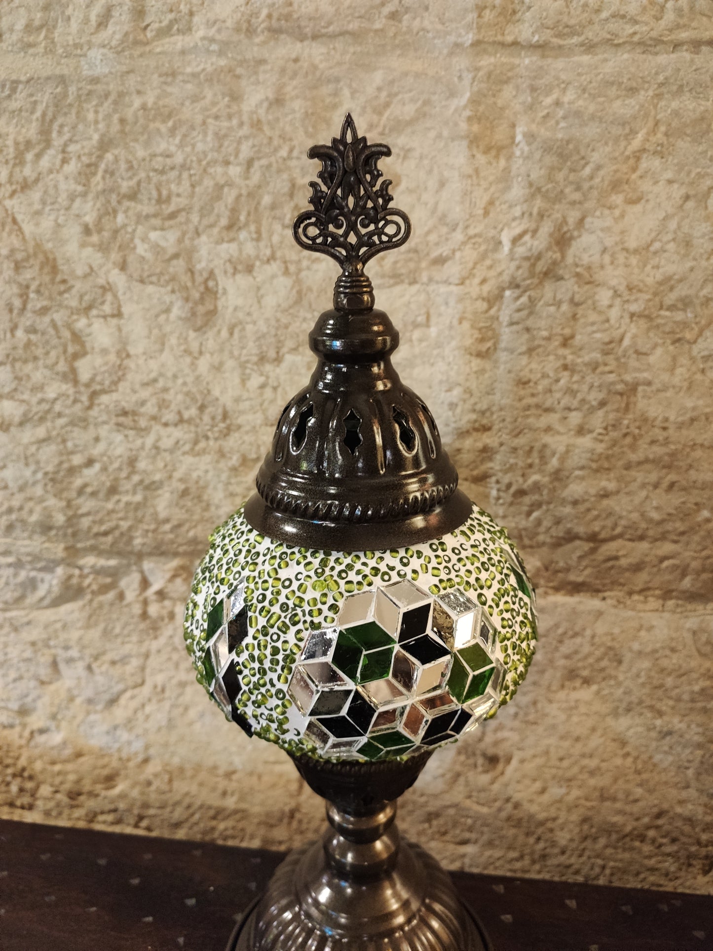 Turkish mosaic glass lamp, yellow green ethnic decor 29B