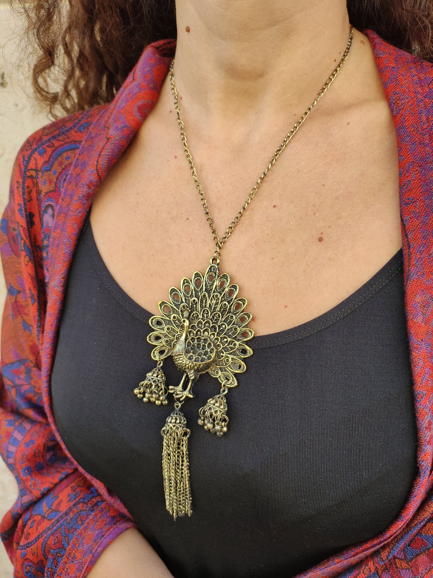 Long gold peacock medallion metal pendant necklace India