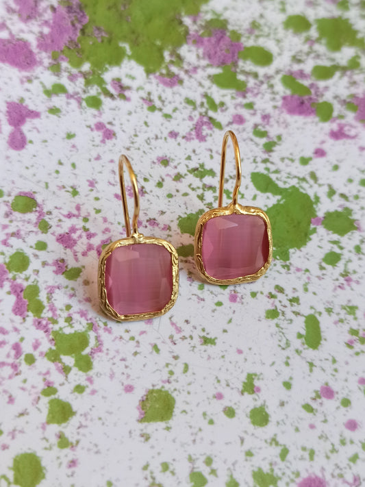 Pink square stone earrings