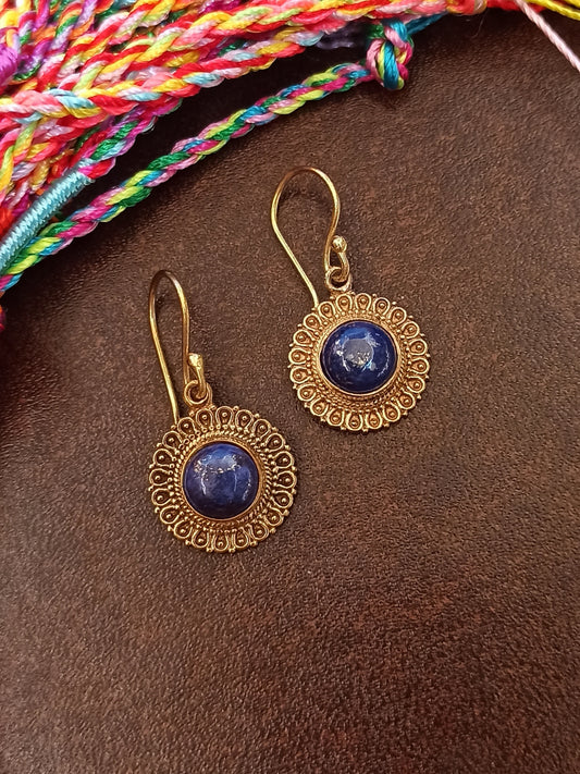 Boho golden earrings with lapis circle