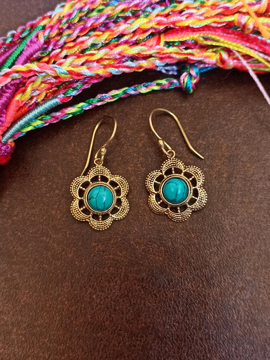 Golden boho earrings with turquoise flower