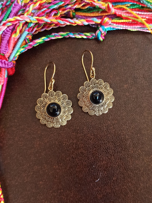 Golden onyx sunflower boho earrings