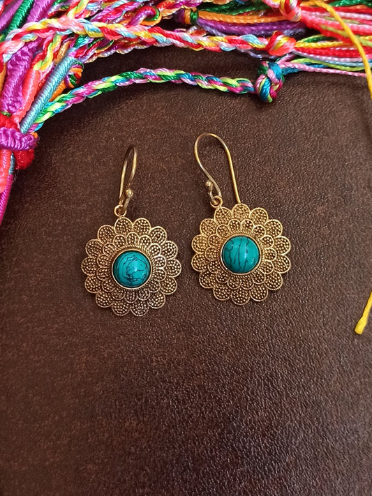 Turquoise sunflower golden boho earrings