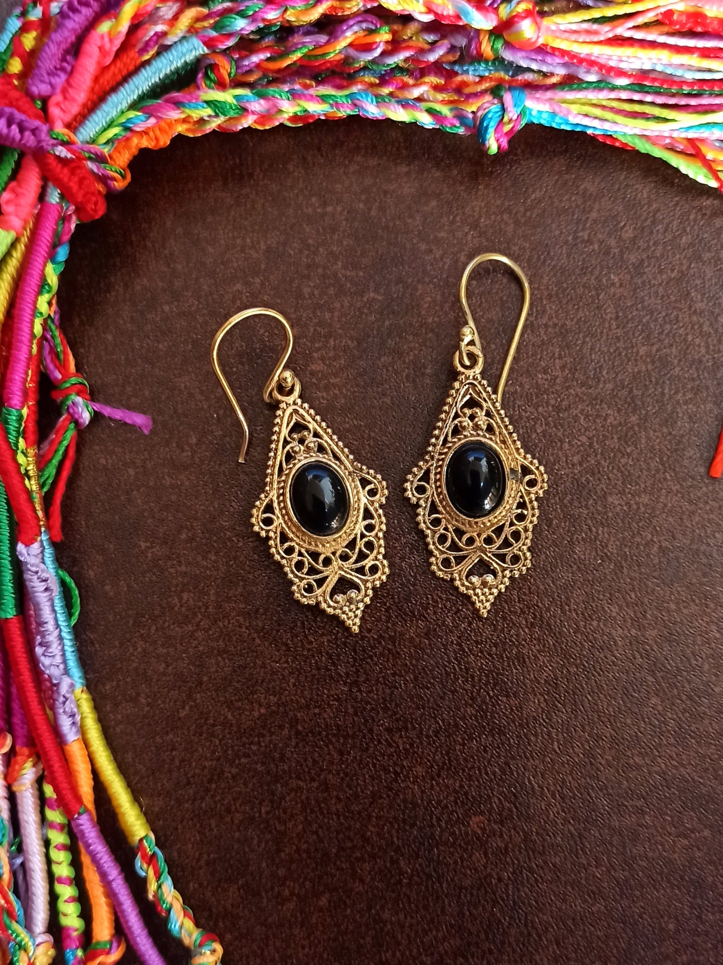 Golden boho earrings with onyx lace rhombuses