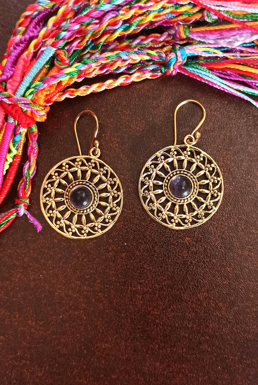 Golden purple shield boho earrings