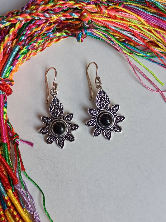 Black onyx sun silver boho earrings