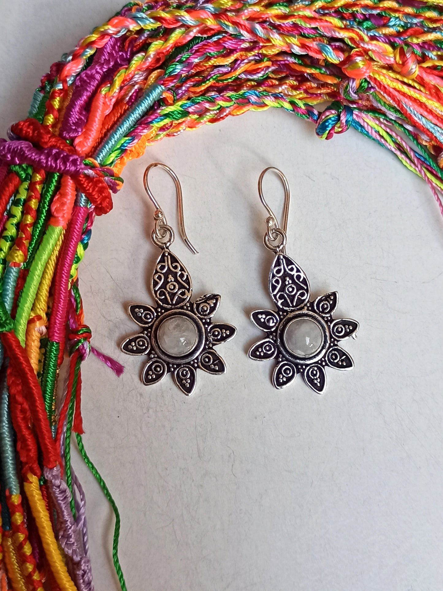 Boho silver moonstone sun earrings