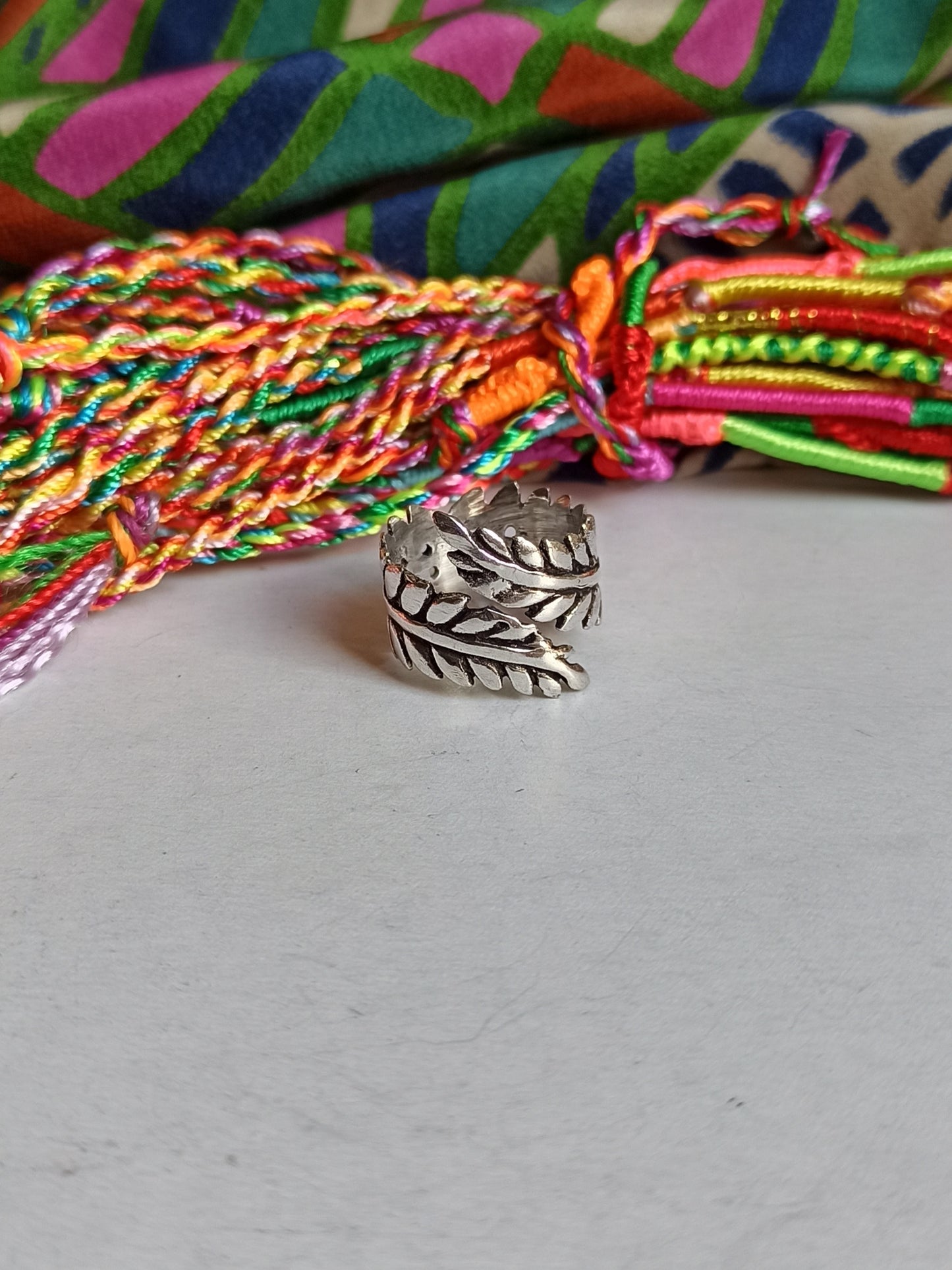 Boho silver leaf band ring