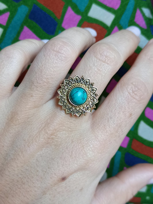 Anello boho dorato fiore turchese