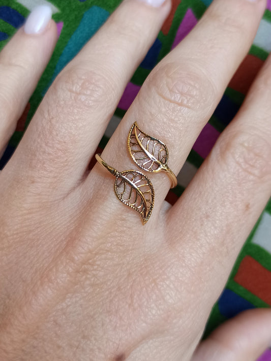 Double perforated leaf golden boho ring