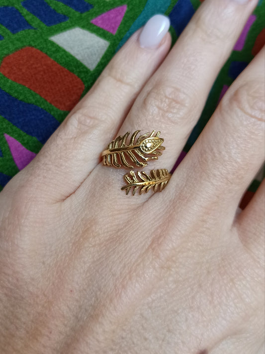 Boho golden peacock feather ring