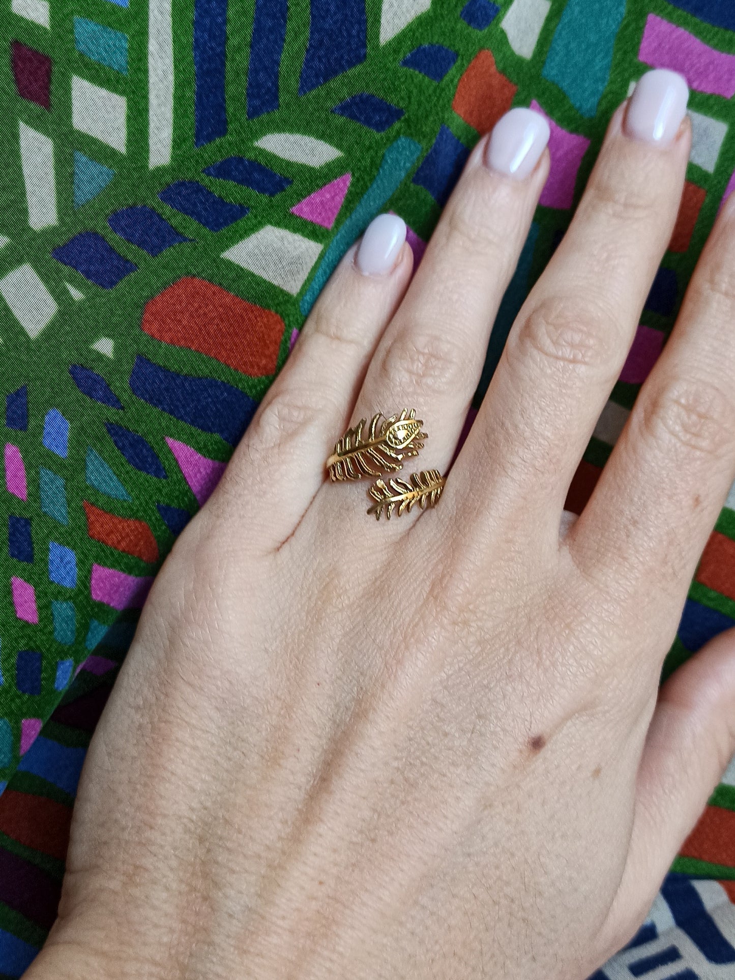 Boho golden peacock feather ring