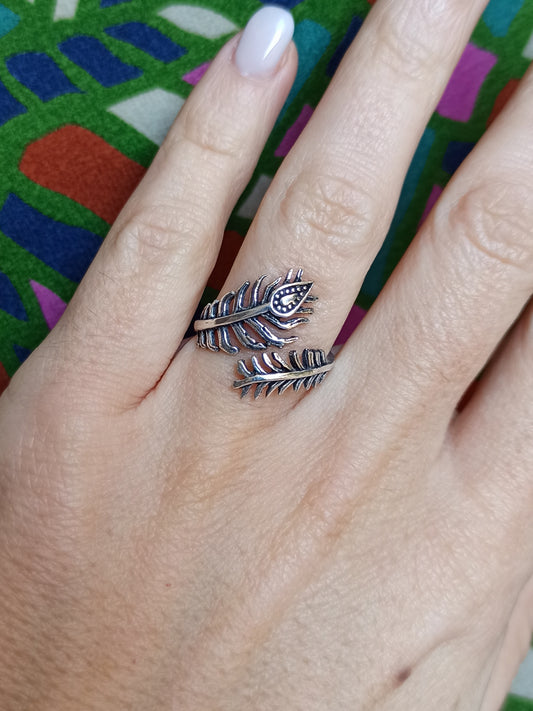 Boho silver peacock feather ring