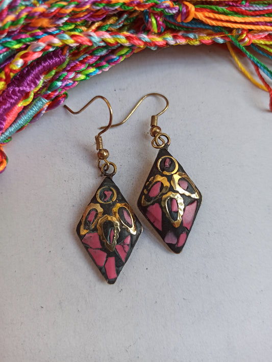 Pink Nepalese mosaic rhombus earrings