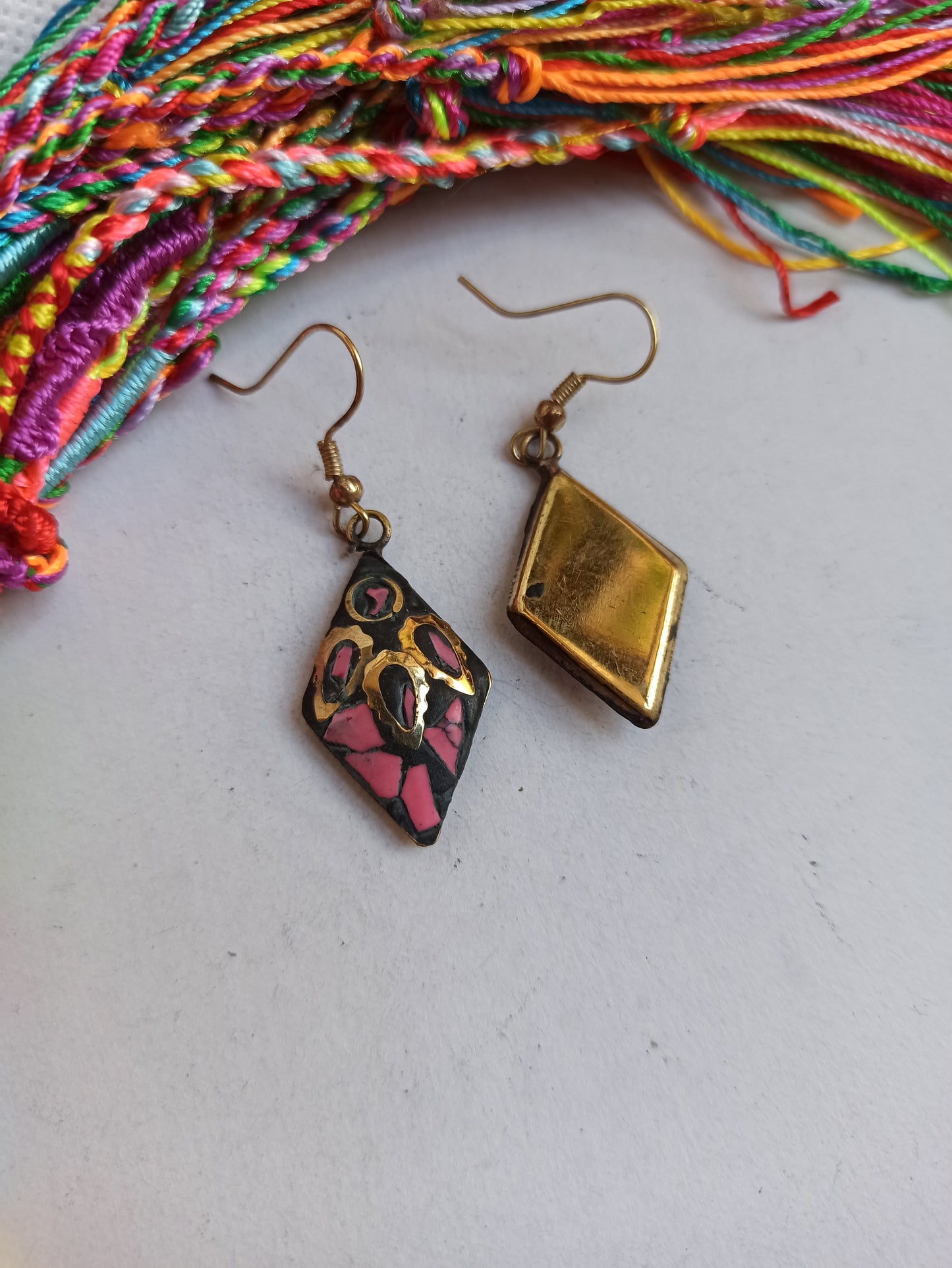 Pink Nepalese mosaic rhombus earrings