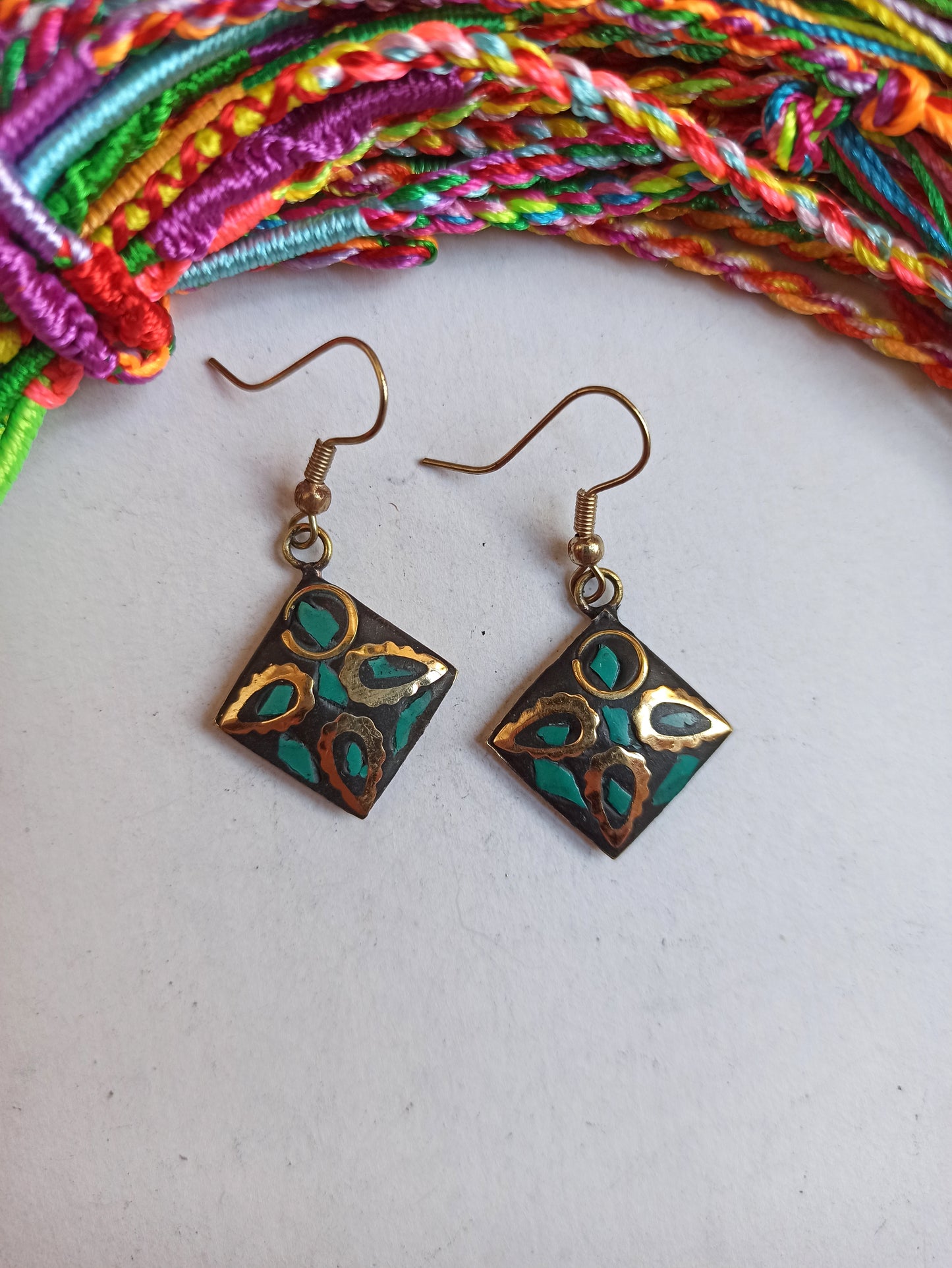 Turquoise green Nepalese mosaic rhombus earrings