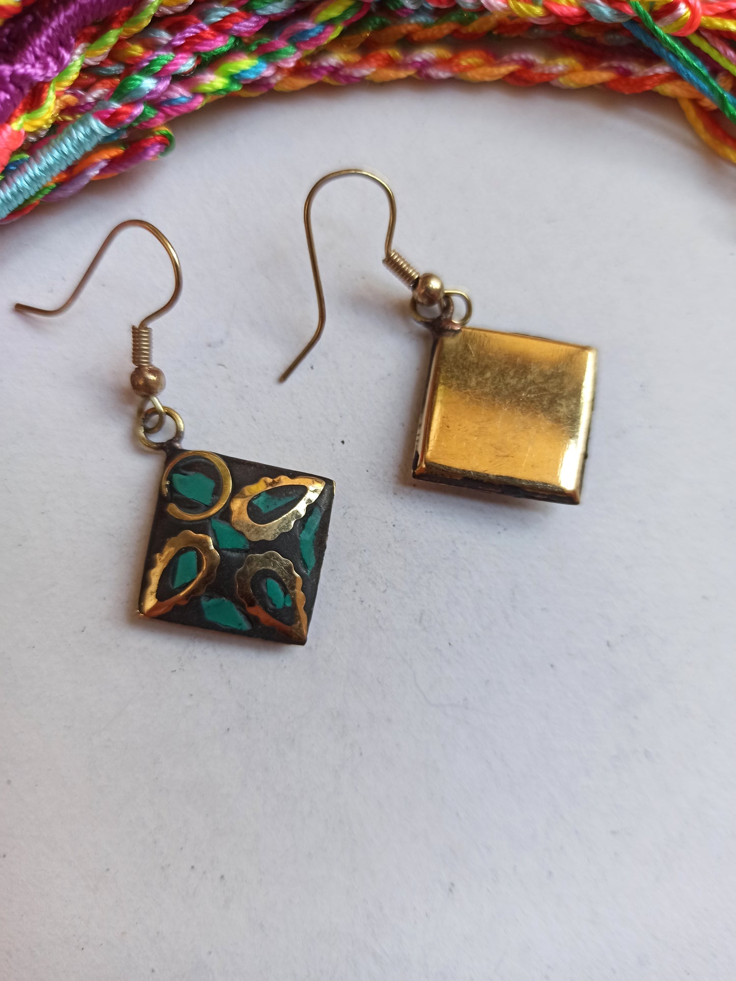 Turquoise green Nepalese mosaic rhombus earrings