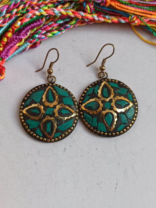 Turquoise green Nepalese mosaic earrings