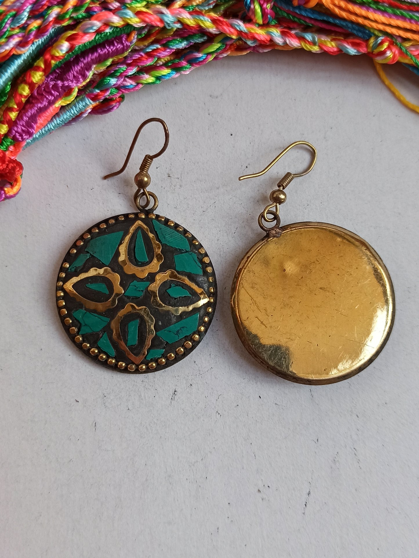 Turquoise green Nepalese mosaic earrings