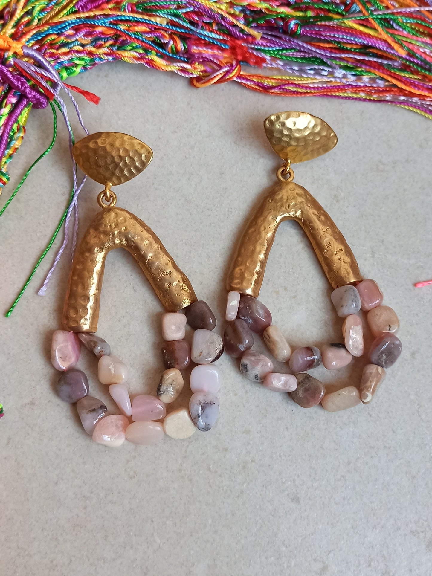 Pink agate stone pendant earrings