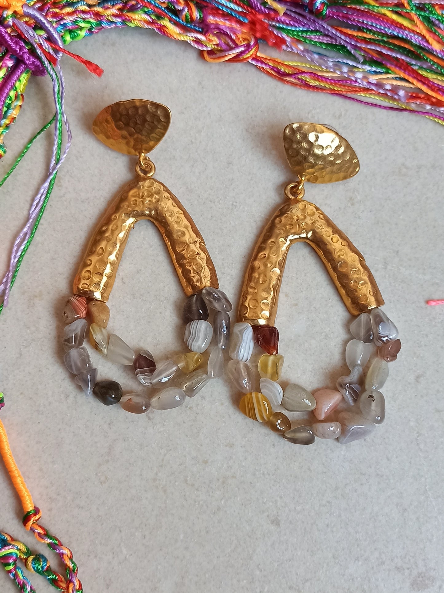 Multicolored agate stone pendant earrings