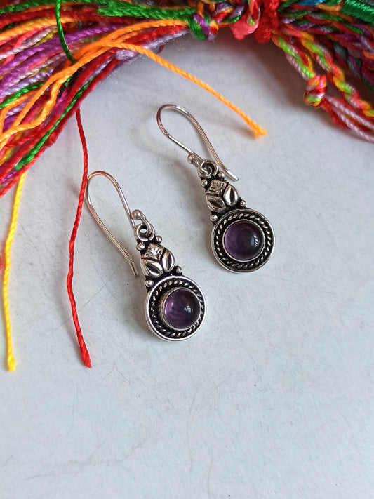 Purple leaf silver boho earrings