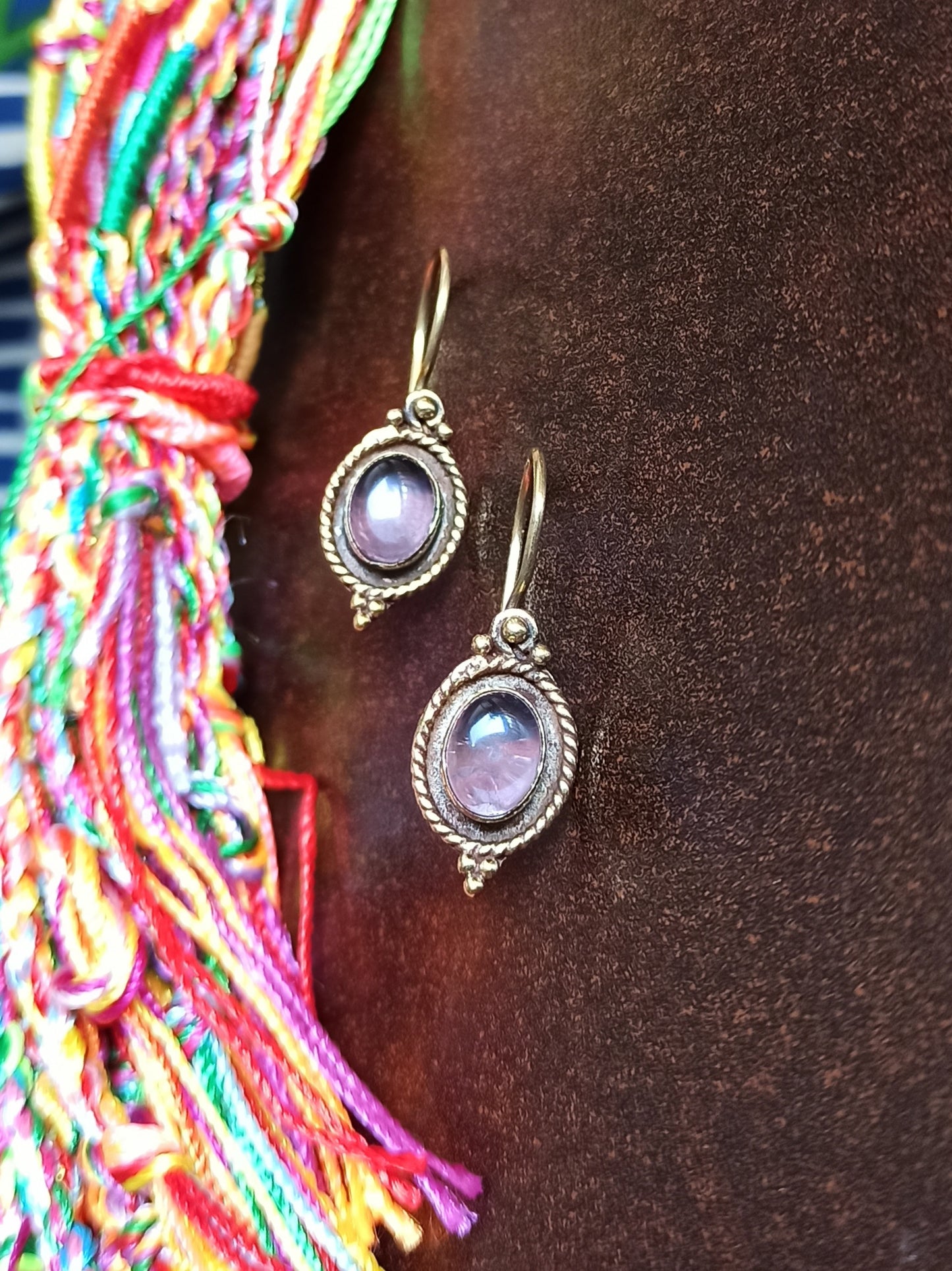 Amethyst oval golden boho earrings