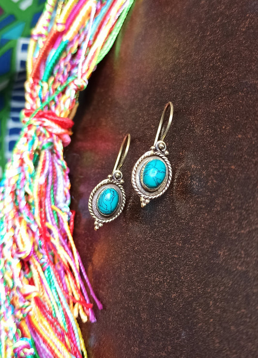 Turquoise oval golden boho earrings