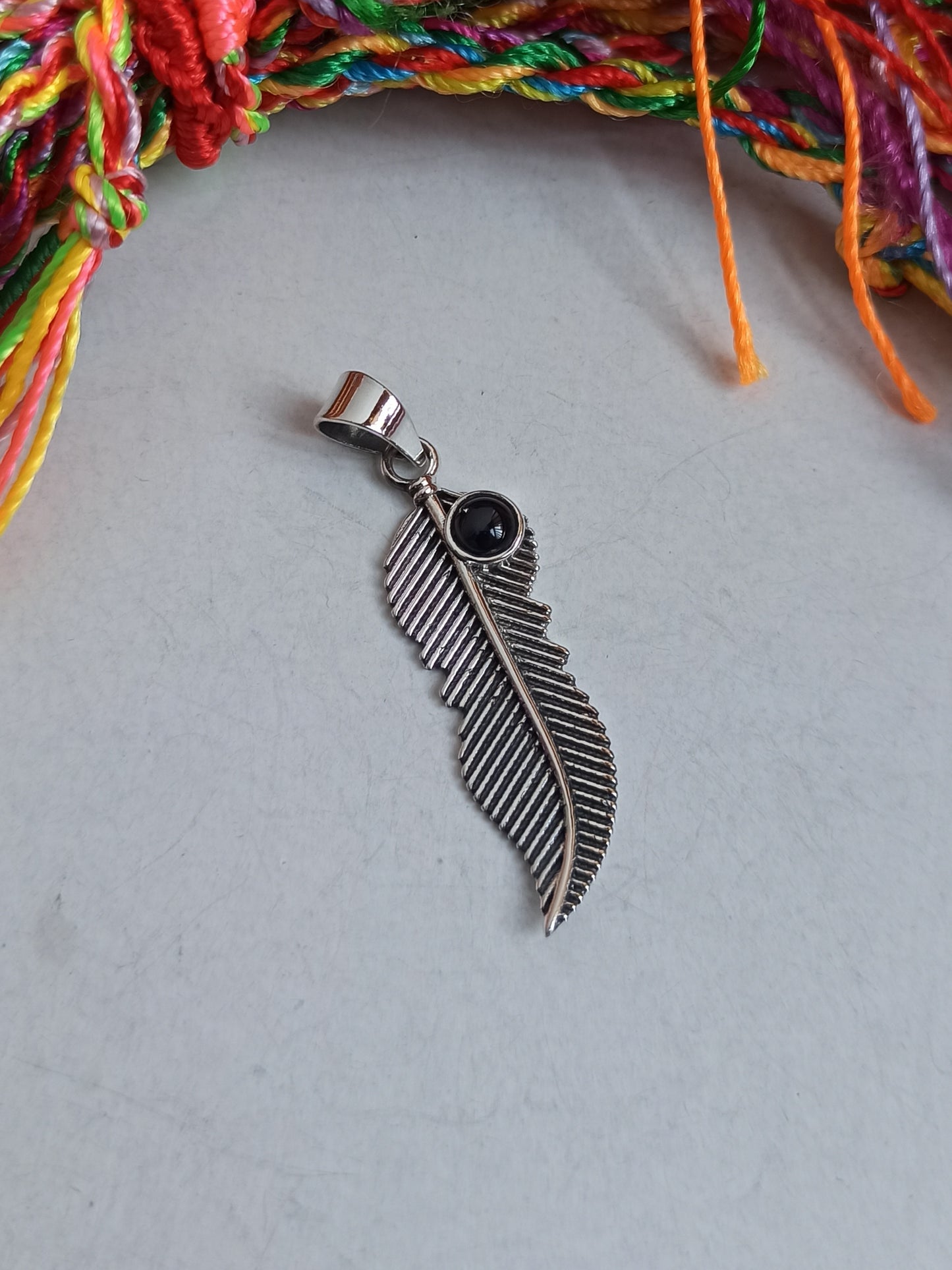 Black onyx 925 silver feather pendant