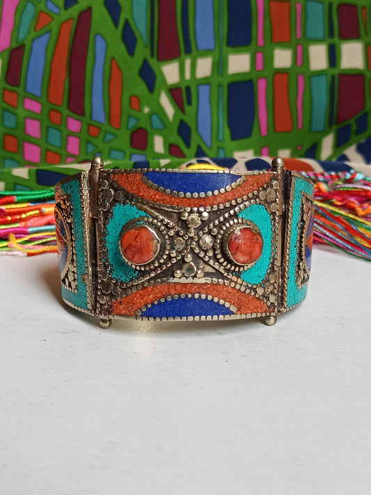 Vintage red and blue turquoise rosette Nepalese bangle bracelet