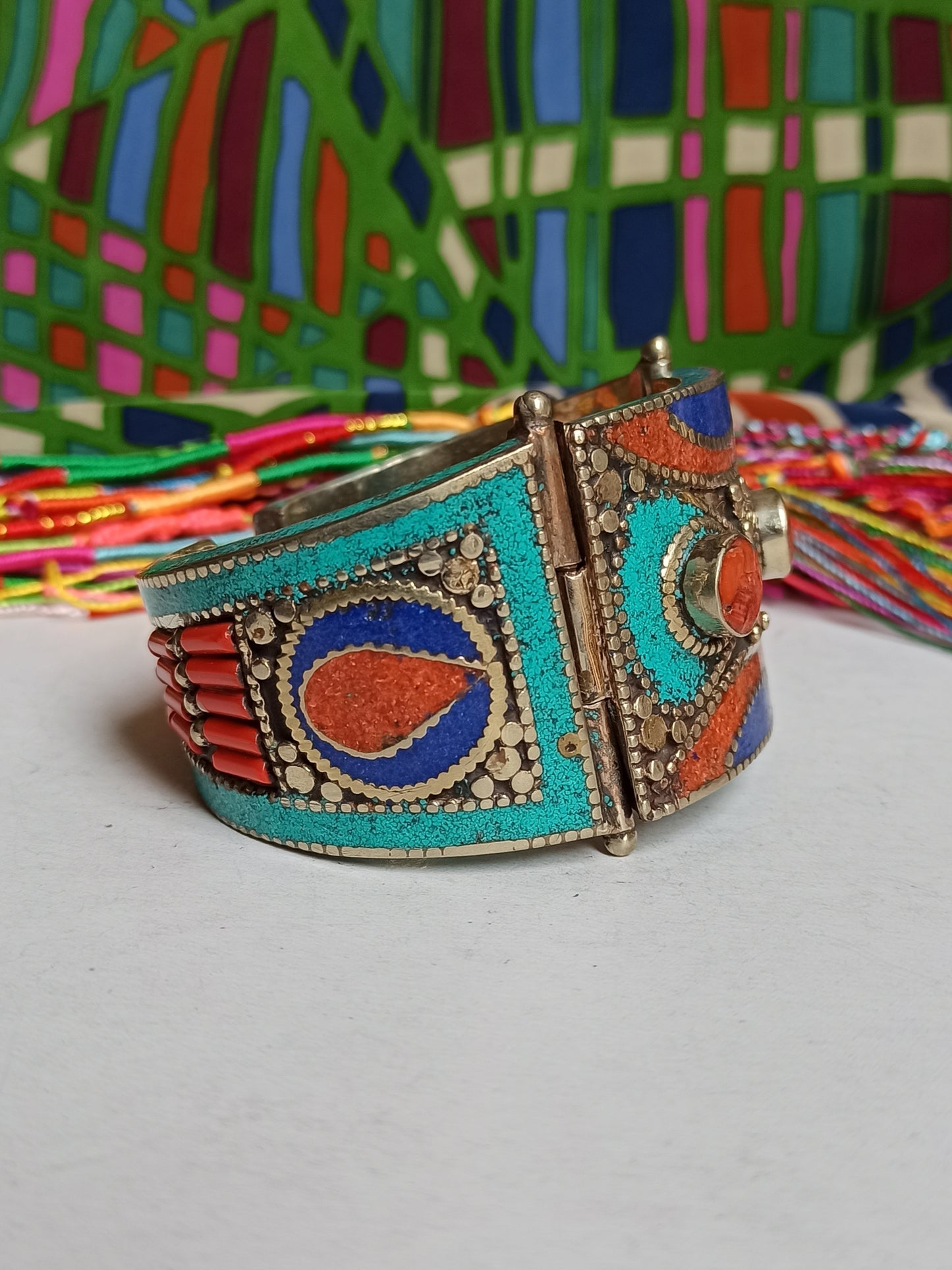 Vintage red and blue turquoise rosette Nepalese bangle bracelet