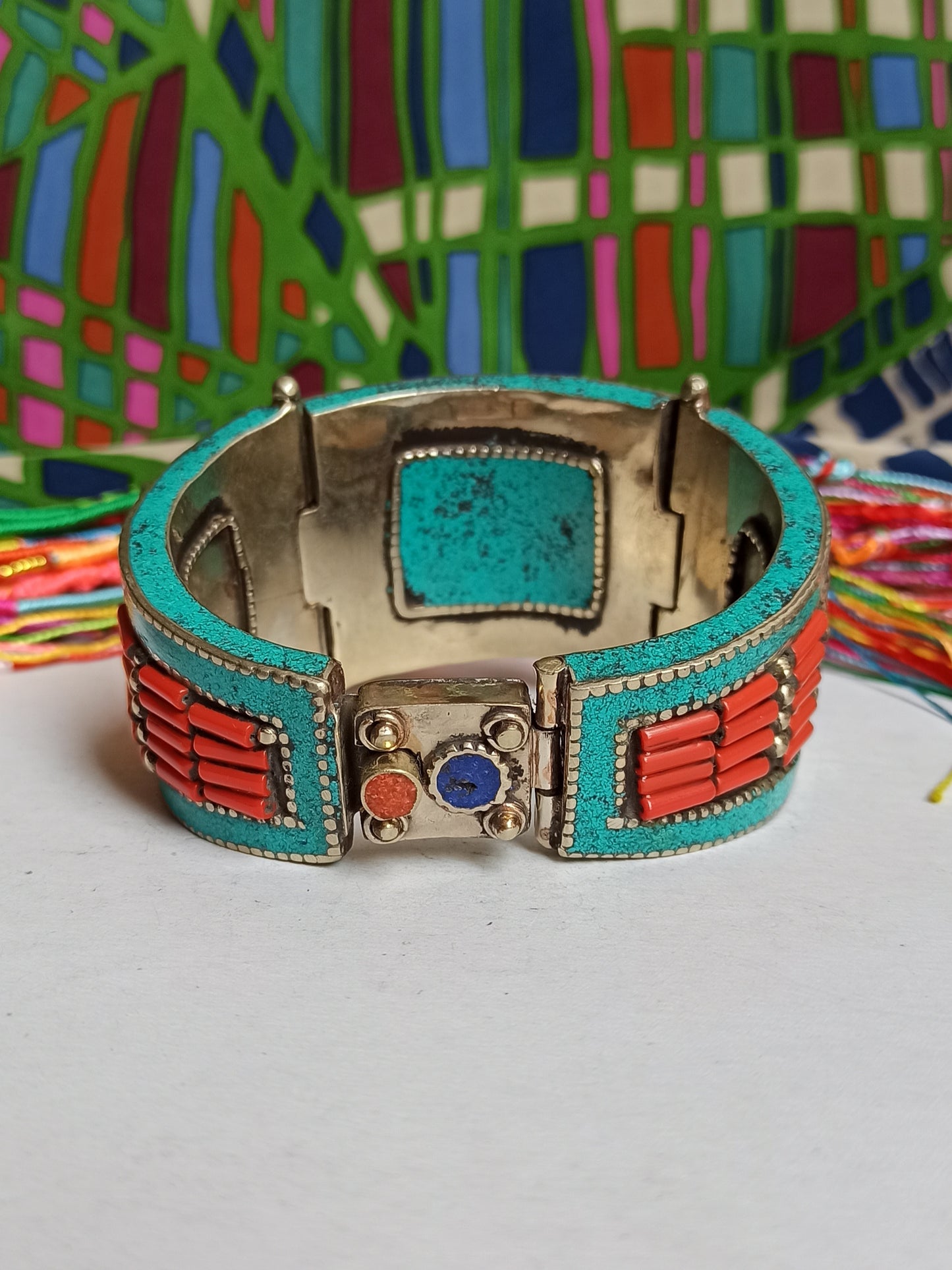 Vintage red and blue turquoise rosette Nepalese bangle bracelet