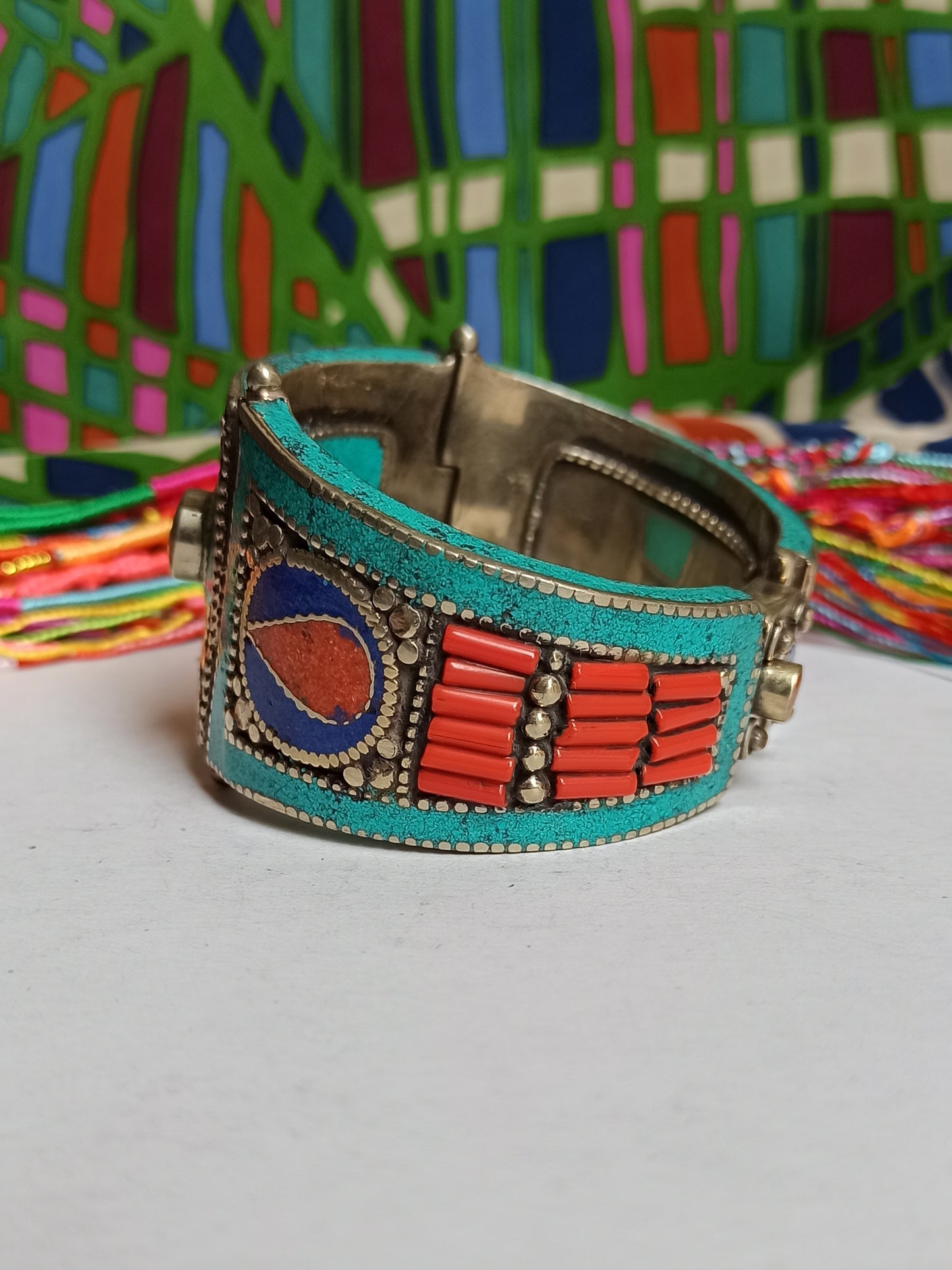 Vintage red and blue turquoise rosette Nepalese bangle bracelet