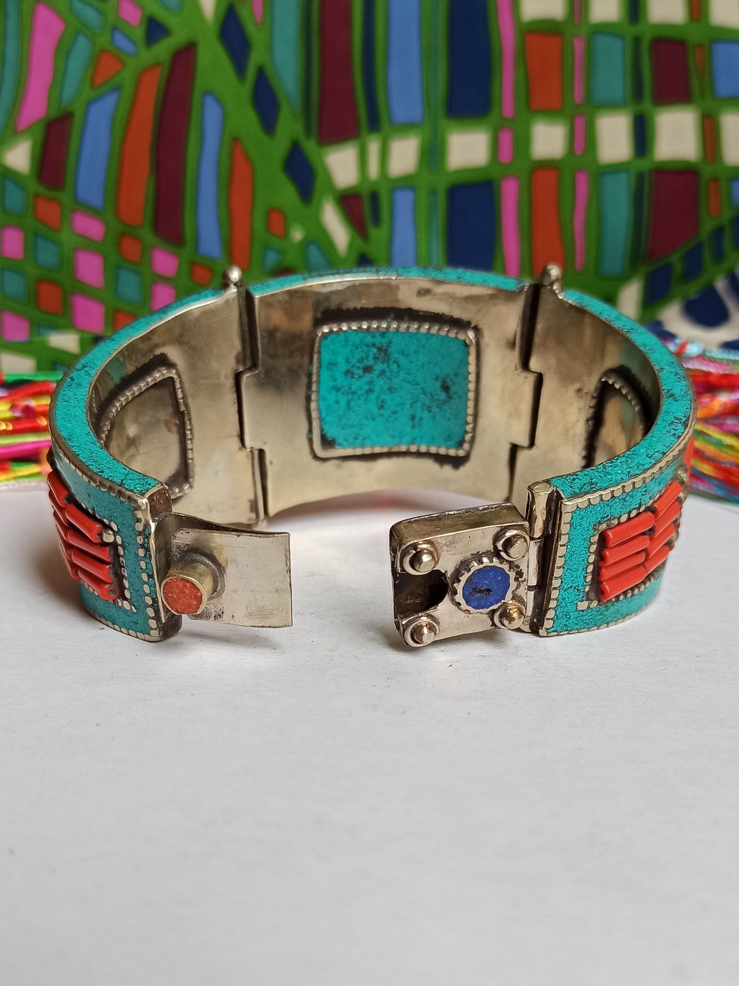 Vintage red and blue turquoise rosette Nepalese bangle bracelet