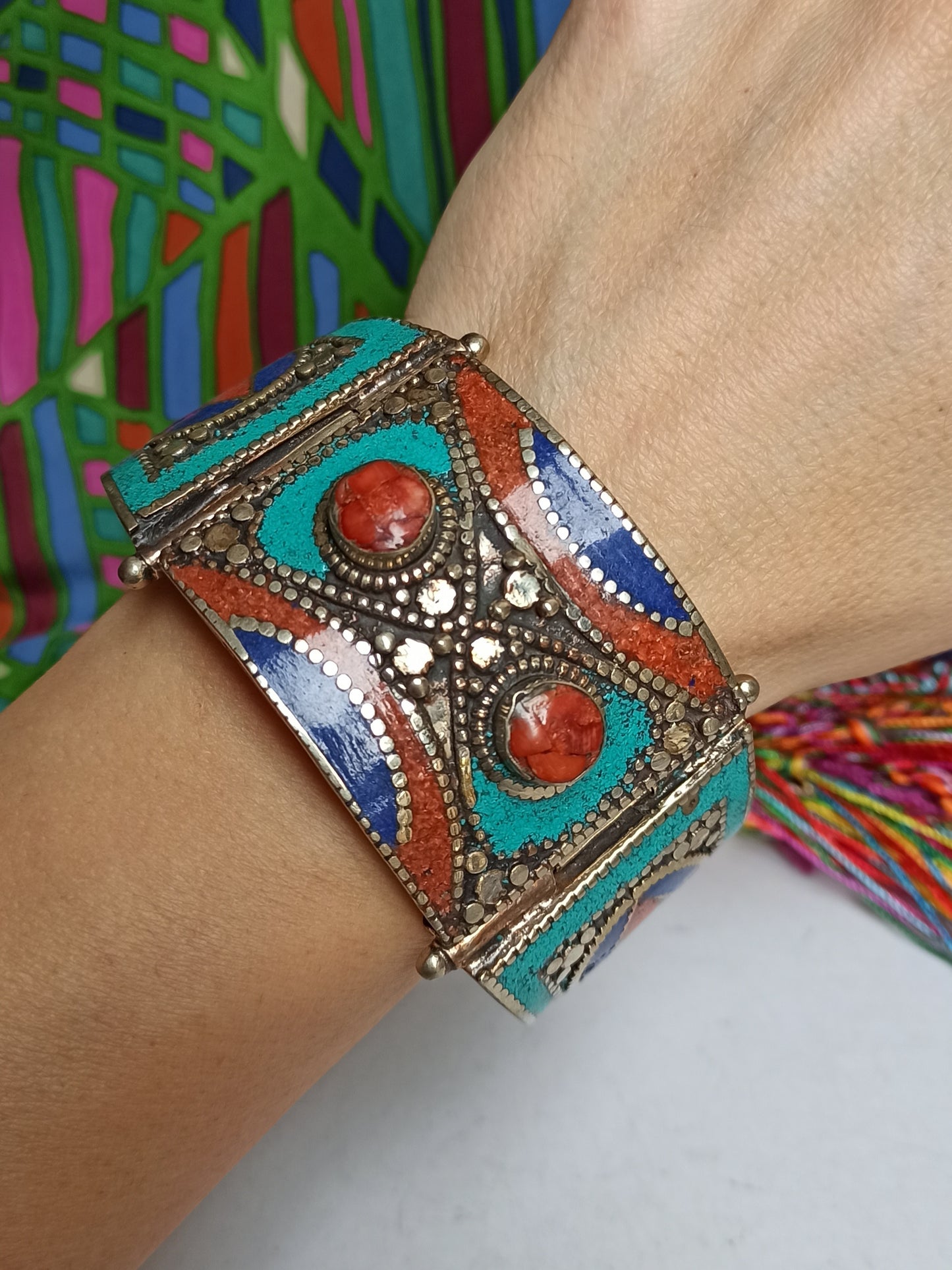 Vintage red and blue turquoise rosette Nepalese bangle bracelet