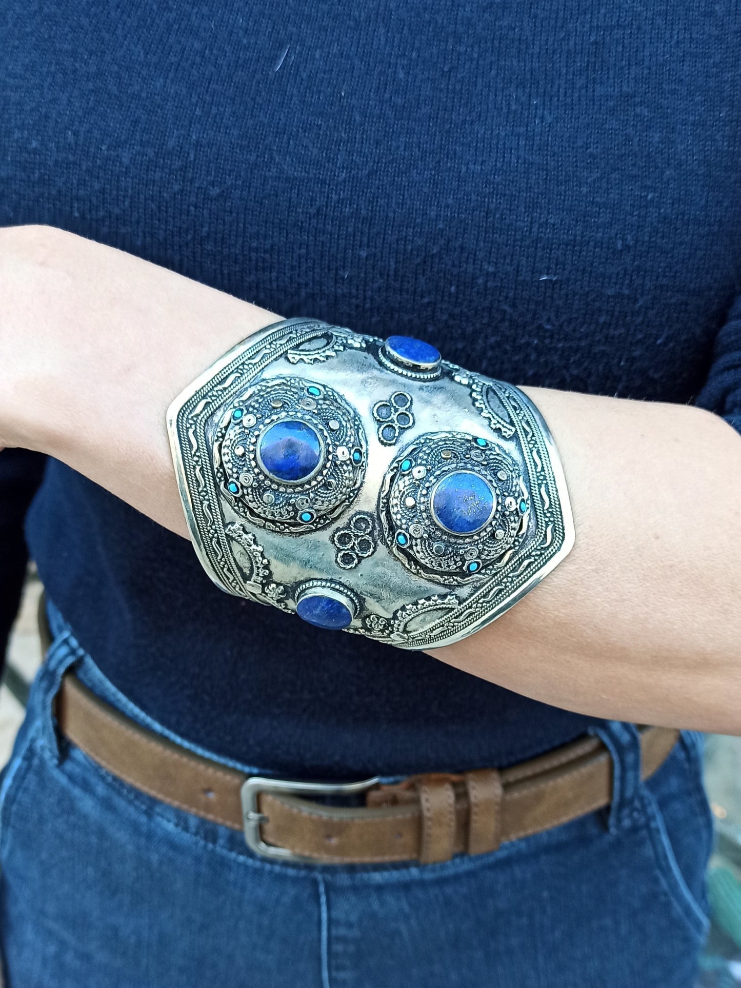 Antique vintage lapis lazuli open slave bracelet