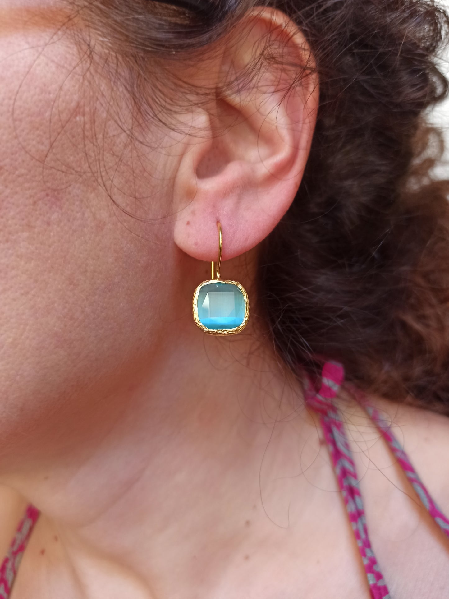 Light blue square stone earrings