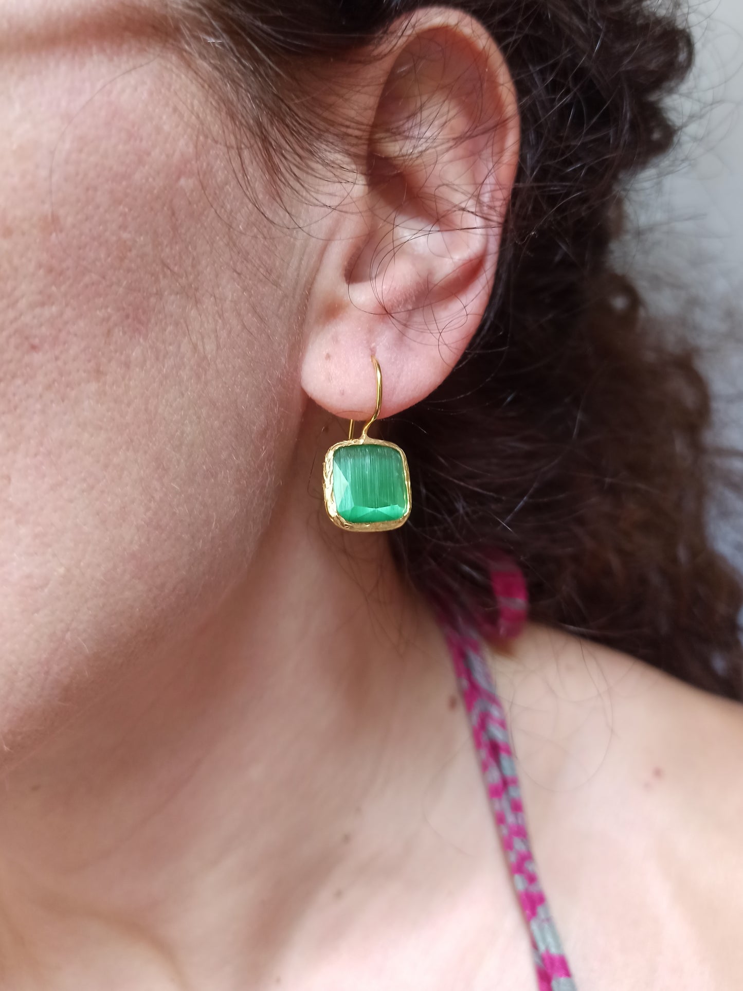 Green square stone earrings