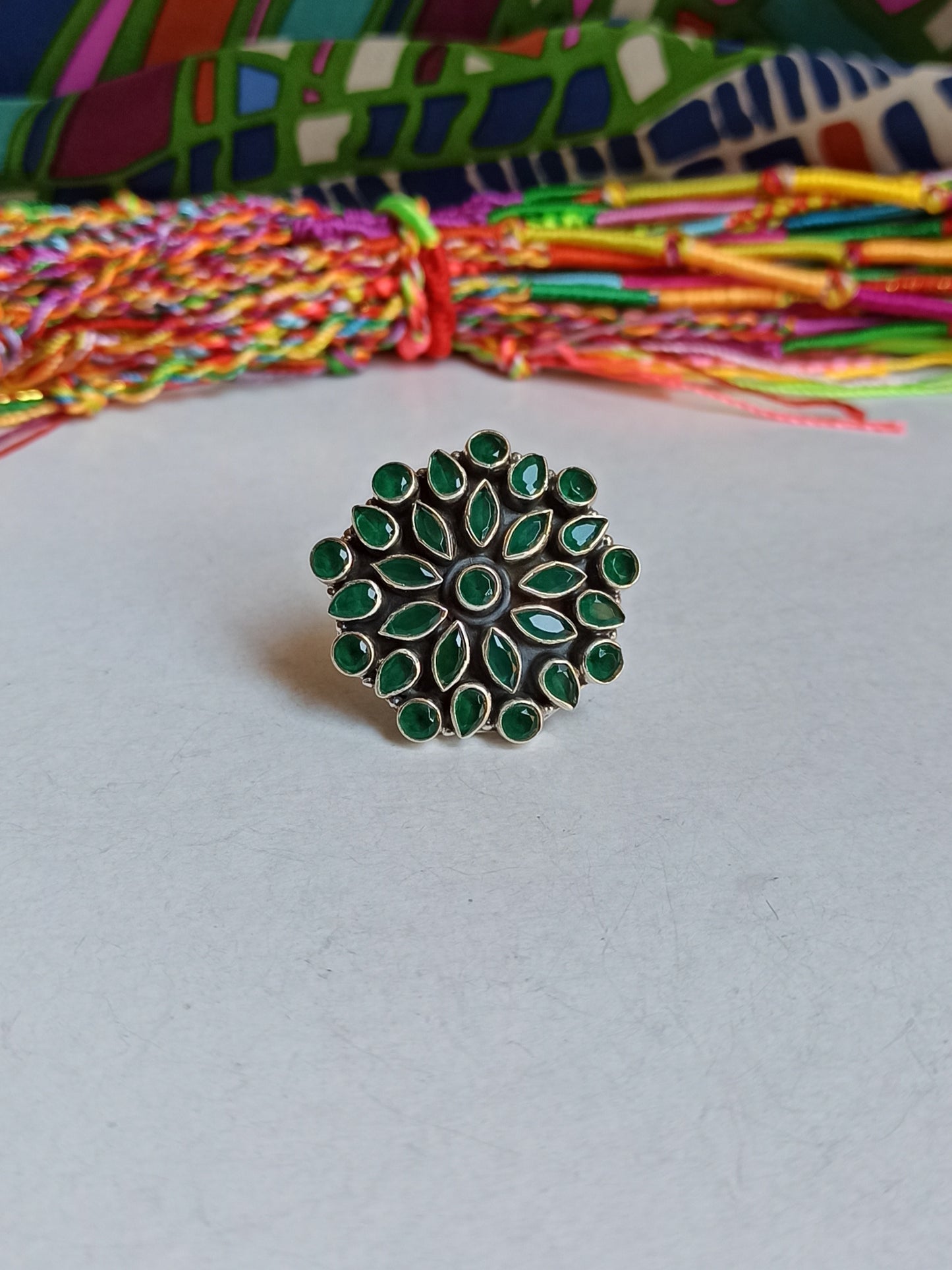 925 silver ring with green onyx flower D59