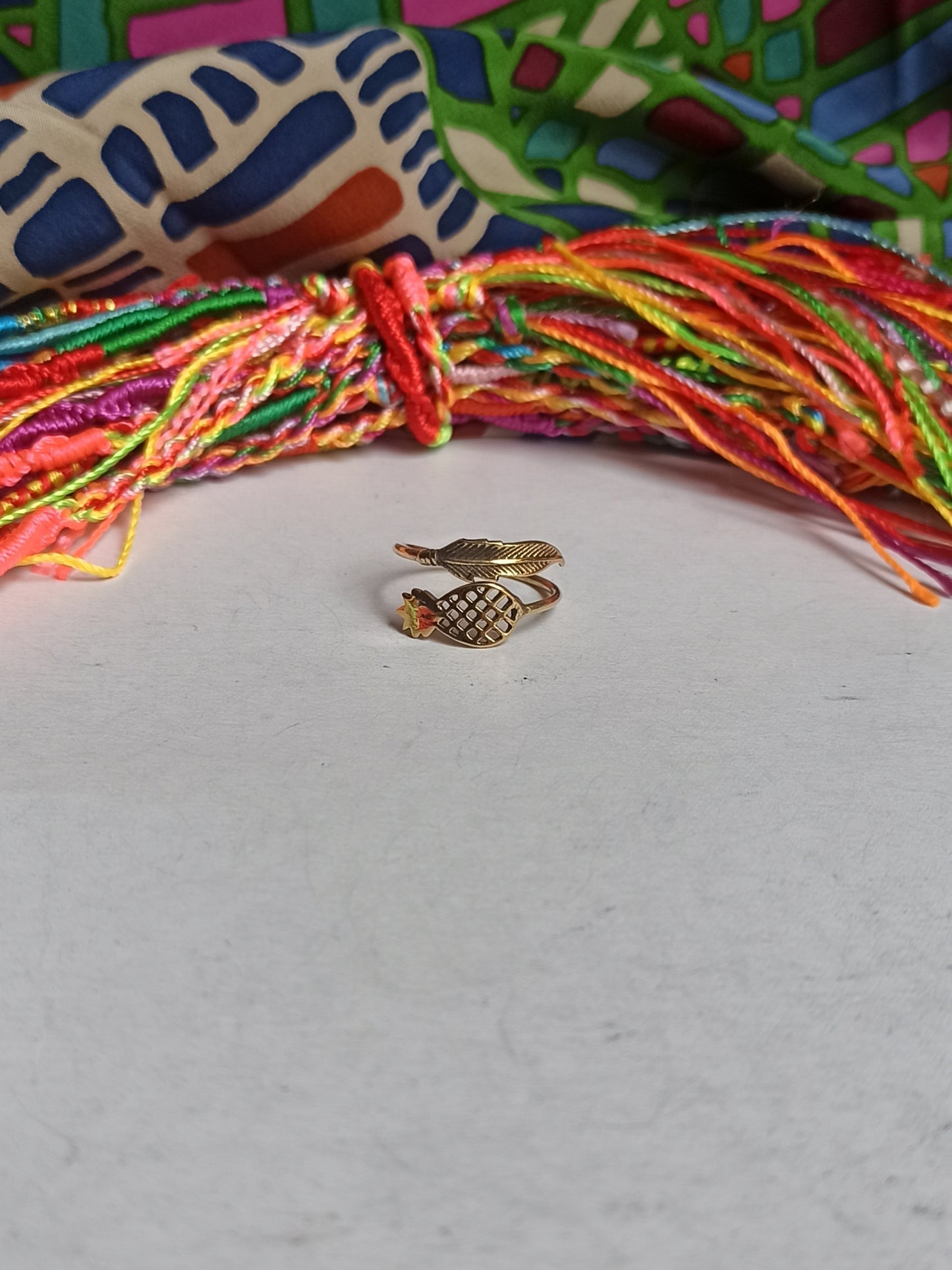 Boho feather and golden pineapple ring