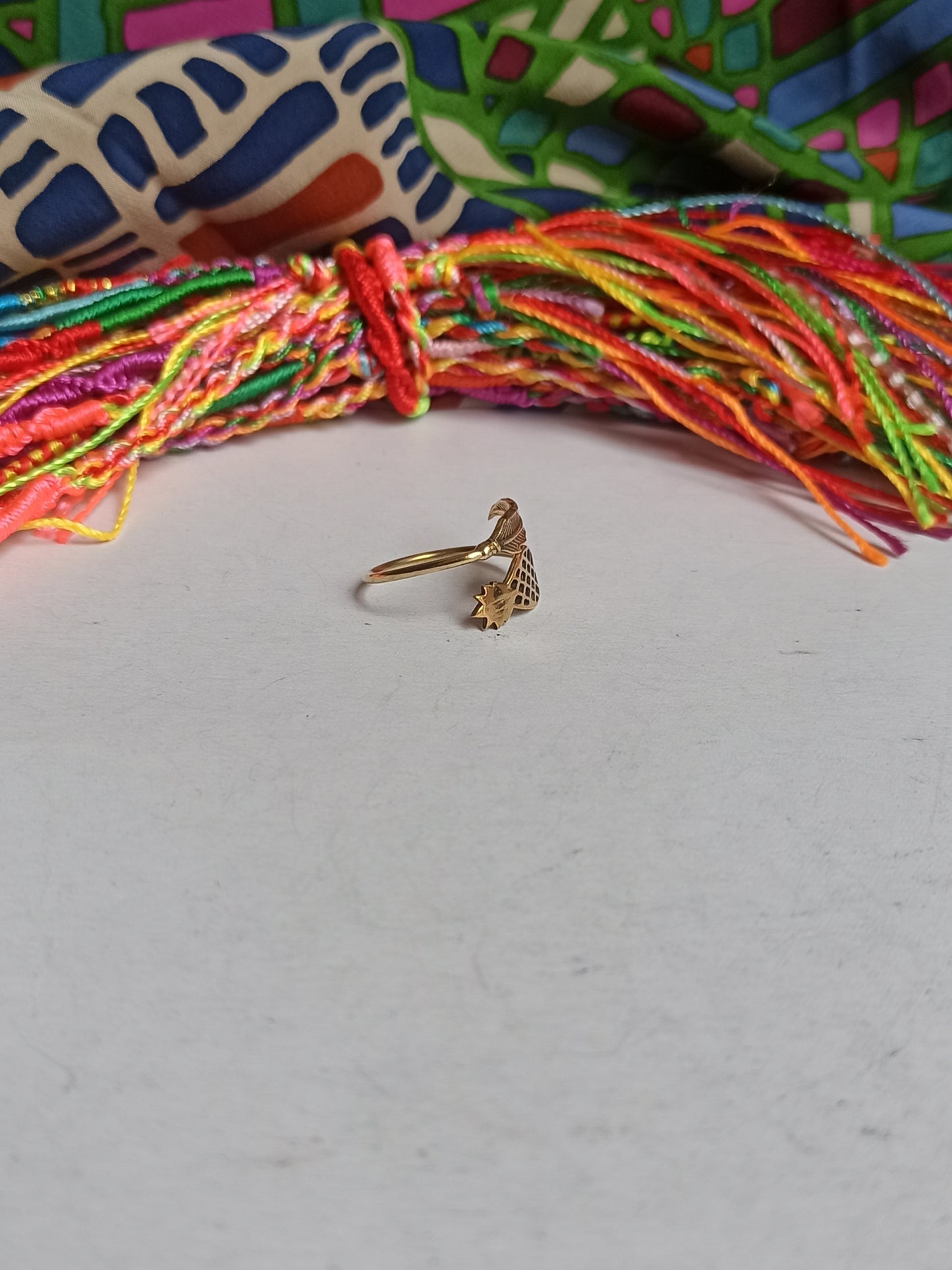 Boho feather and golden pineapple ring