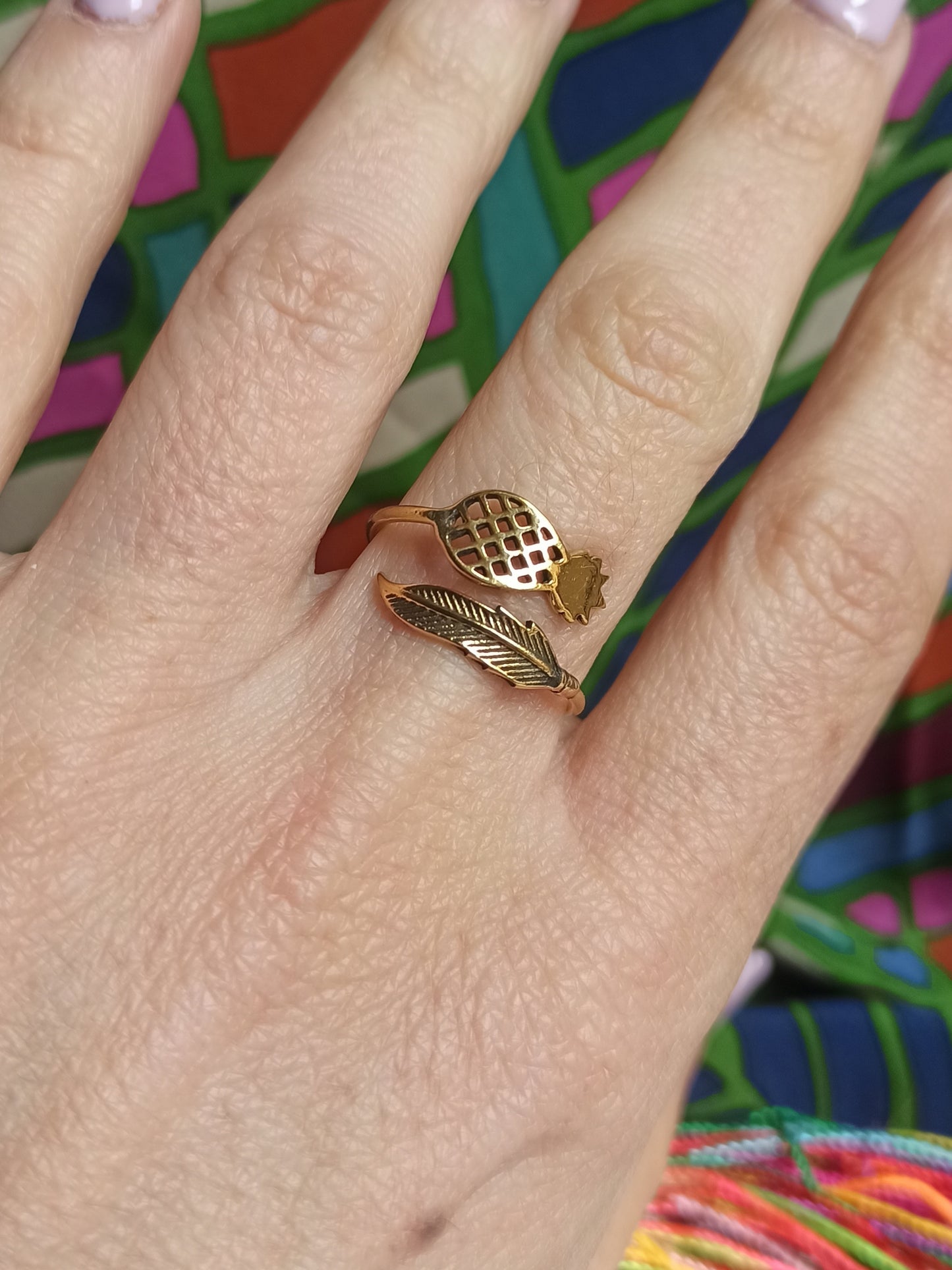 Boho feather and golden pineapple ring