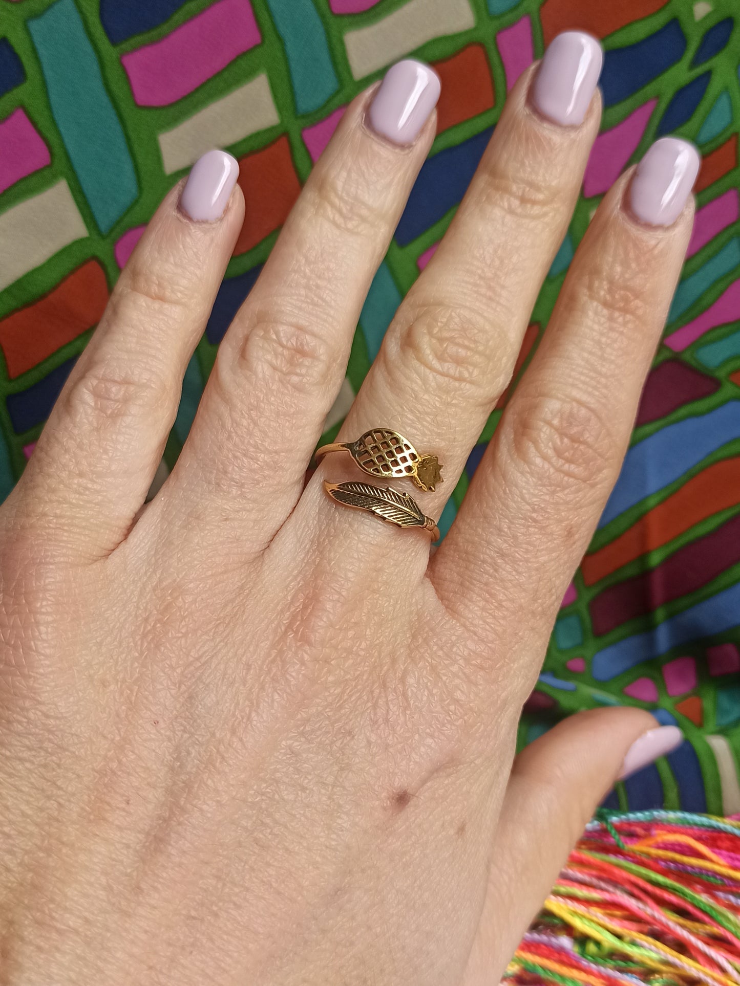 Boho feather and golden pineapple ring