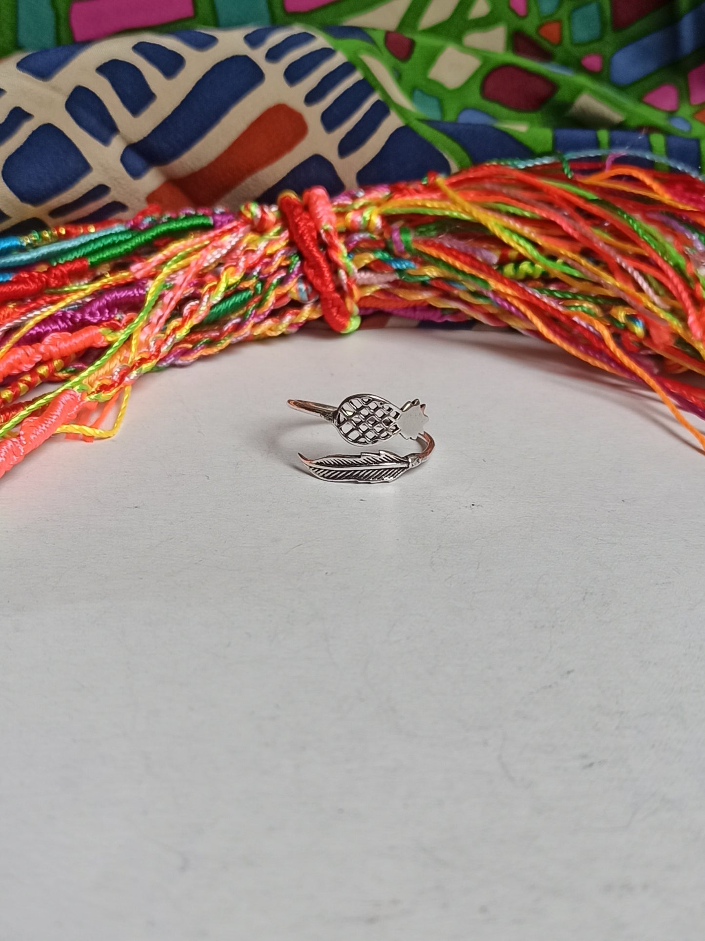 Silver boho feather and pineapple ring