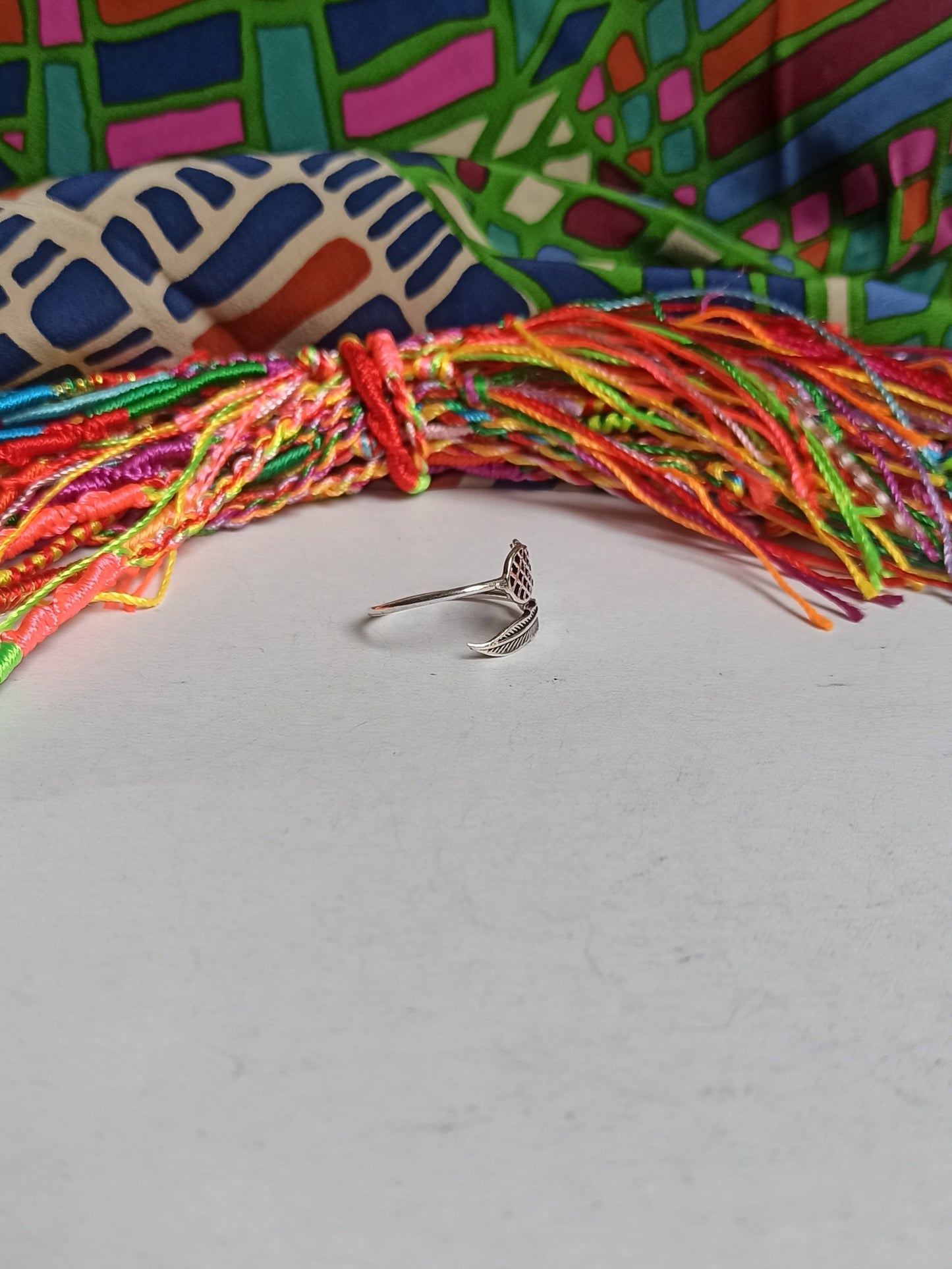 Silver boho feather and pineapple ring