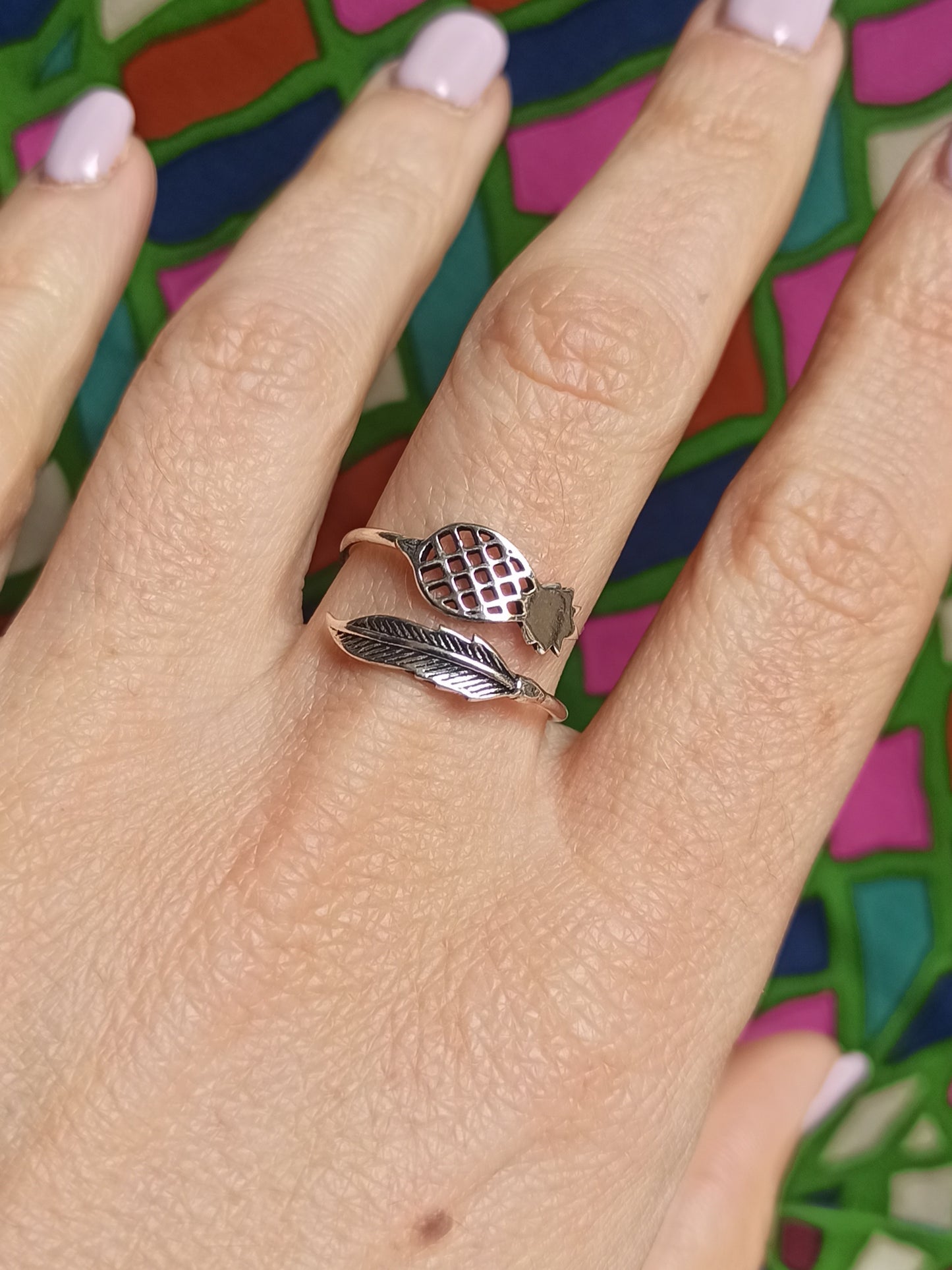 Silver boho feather and pineapple ring