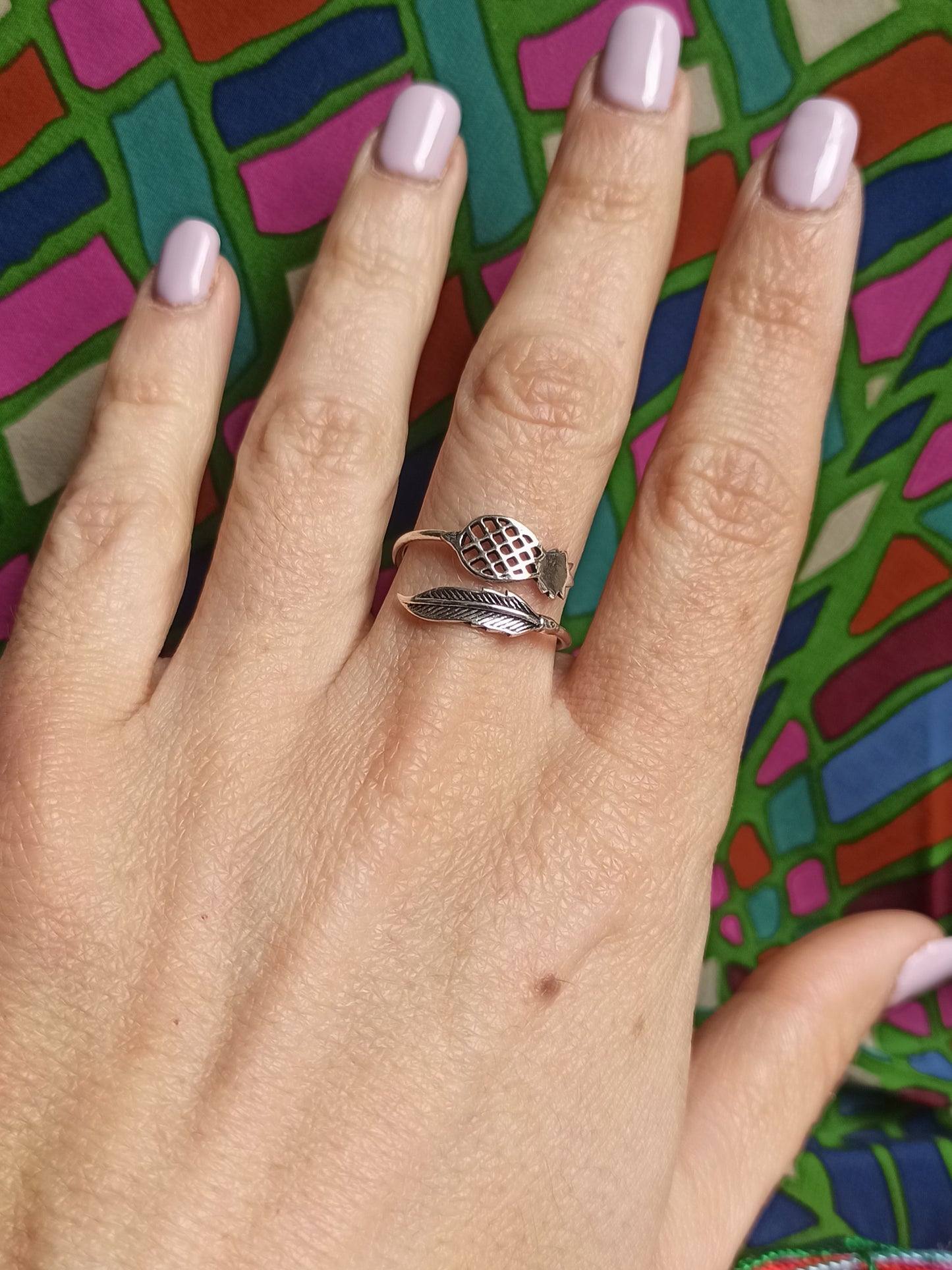 Silver boho feather and pineapple ring