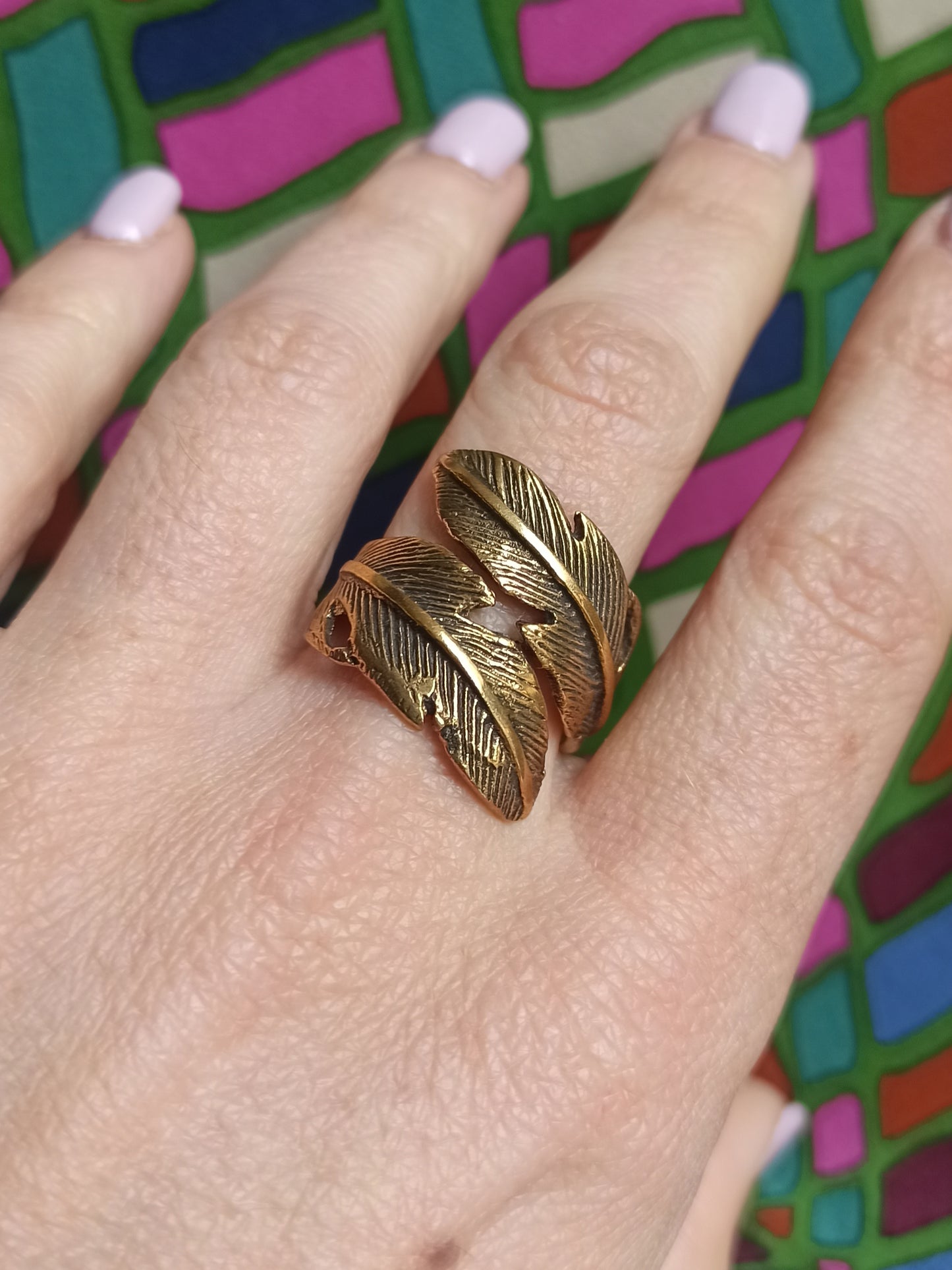 Golden double feather boho band ring