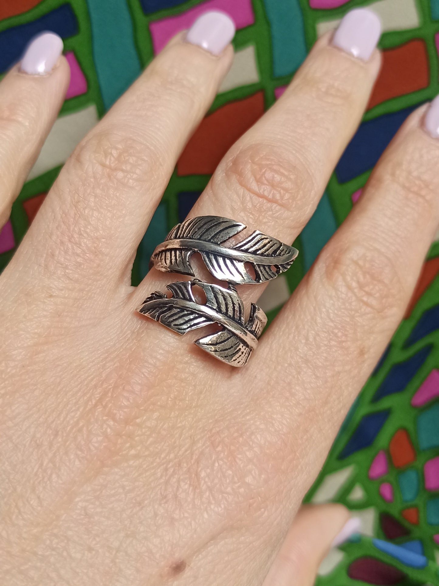 Boho silver double feather band ring