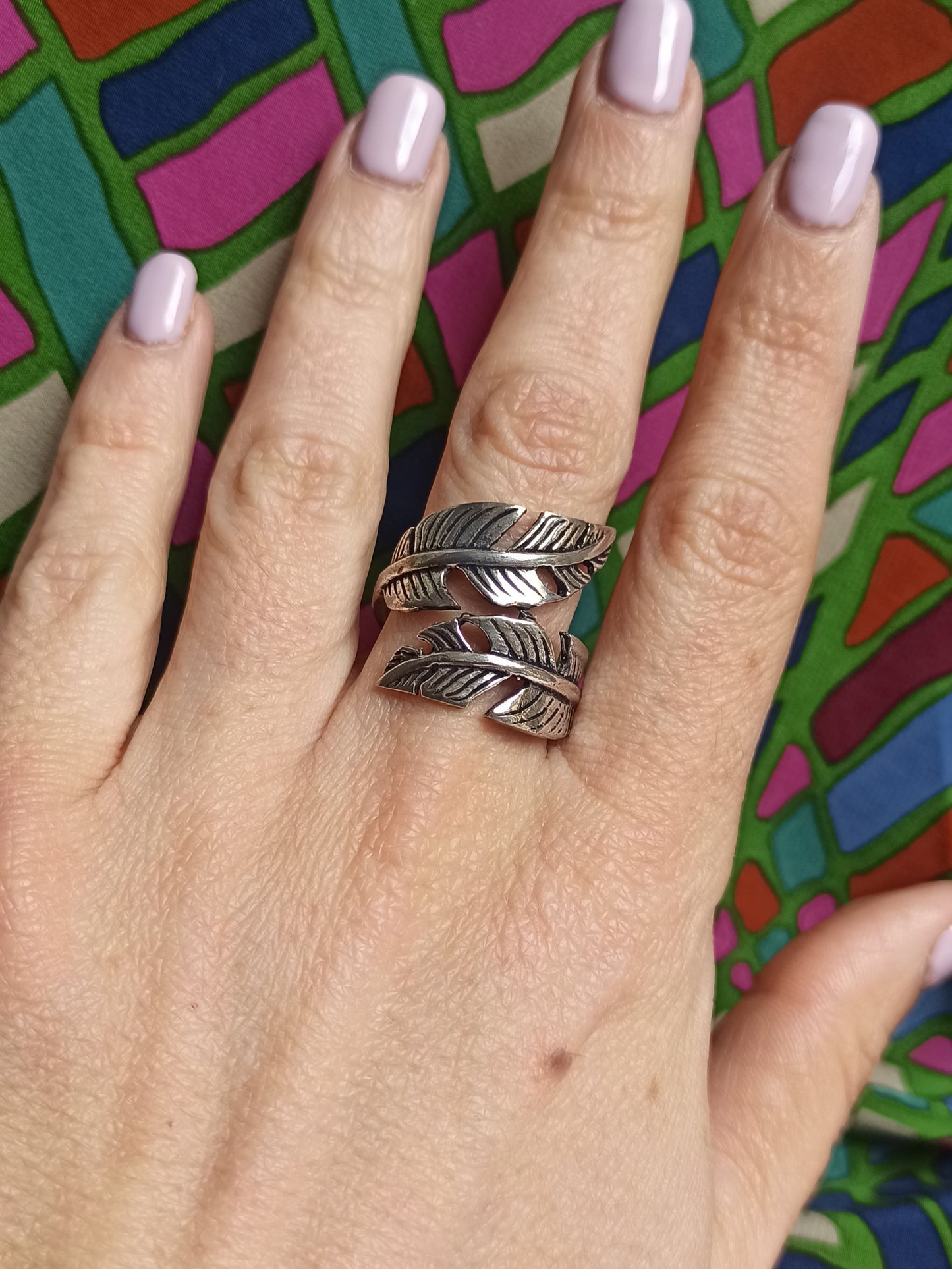 Boho silver double feather band ring